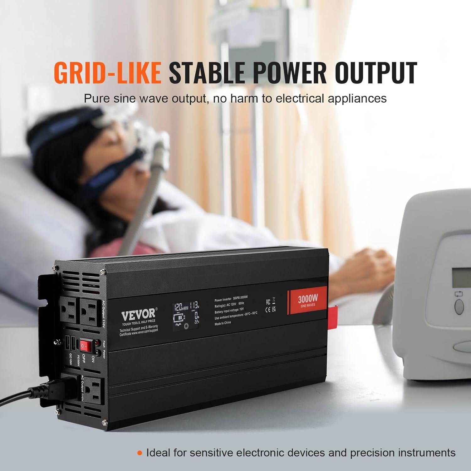 image:imageVEVOR 1000W Pure Sine Wave Inverter DC 12V to AC 120V Power Inverter with 2 AC Outlets 1 USB Port 1 TypeC Port Remote Control for Small Home Devices Like Smartphone Laptop CE FCC Certified3000W