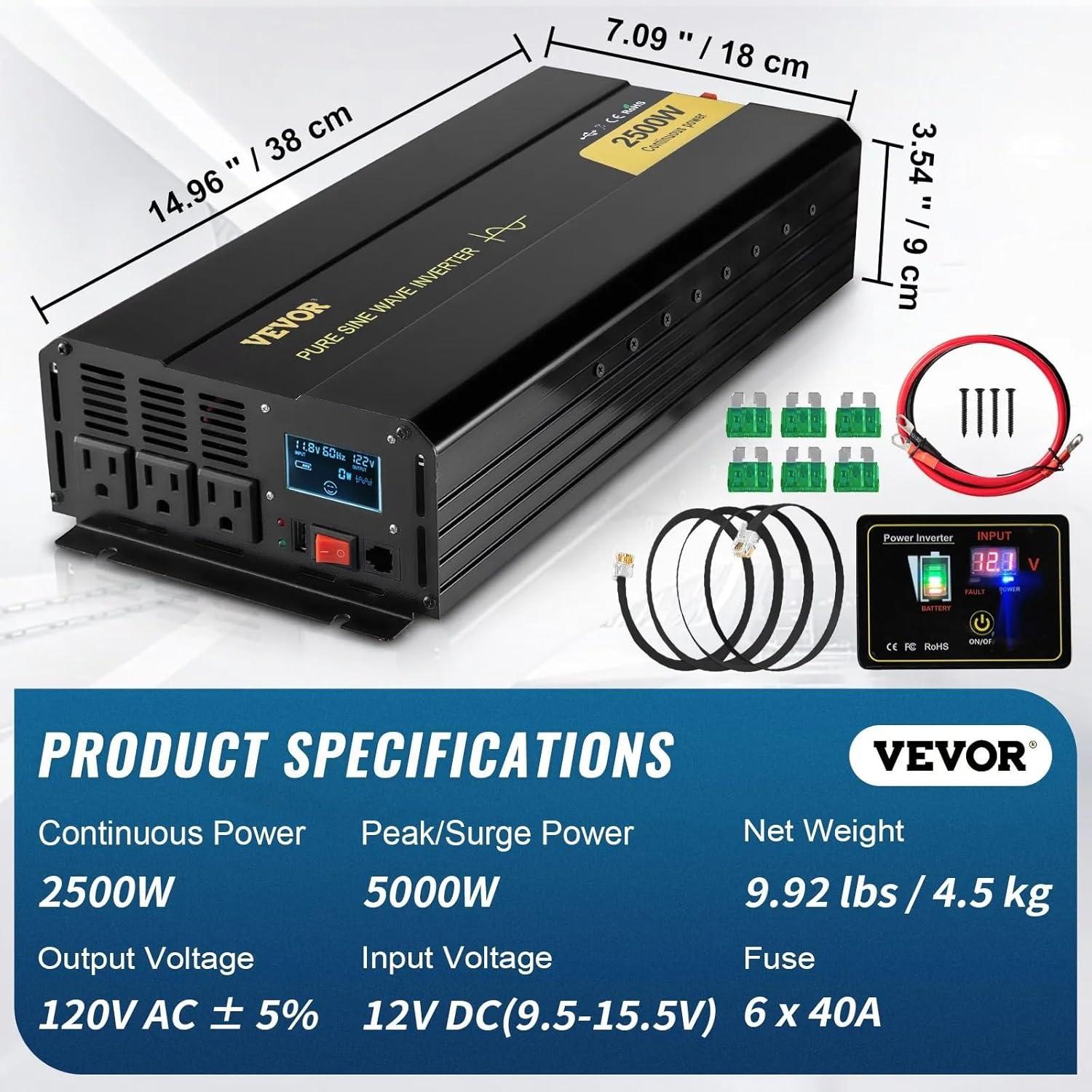 image:imageVEVOR 1000W Pure Sine Wave Inverter DC 12V to AC 120V Power Inverter with 2 AC Outlets 1 USB Port 1 TypeC Port Remote Control for Small Home Devices Like Smartphone Laptop CE FCC Certified2500W