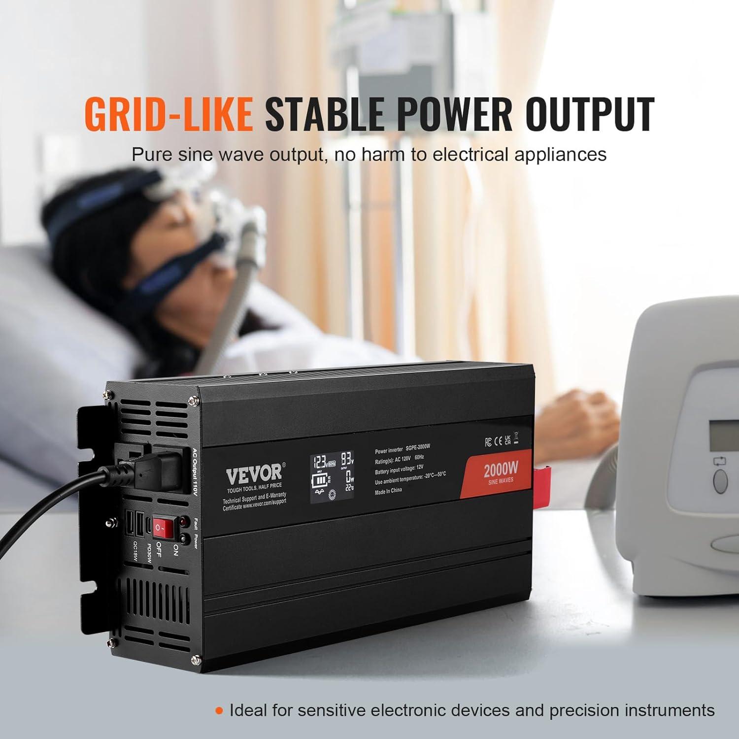 image:imageVEVOR 1000W Pure Sine Wave Inverter DC 12V to AC 120V Power Inverter with 2 AC Outlets 1 USB Port 1 TypeC Port Remote Control for Small Home Devices Like Smartphone Laptop CE FCC Certified2000W