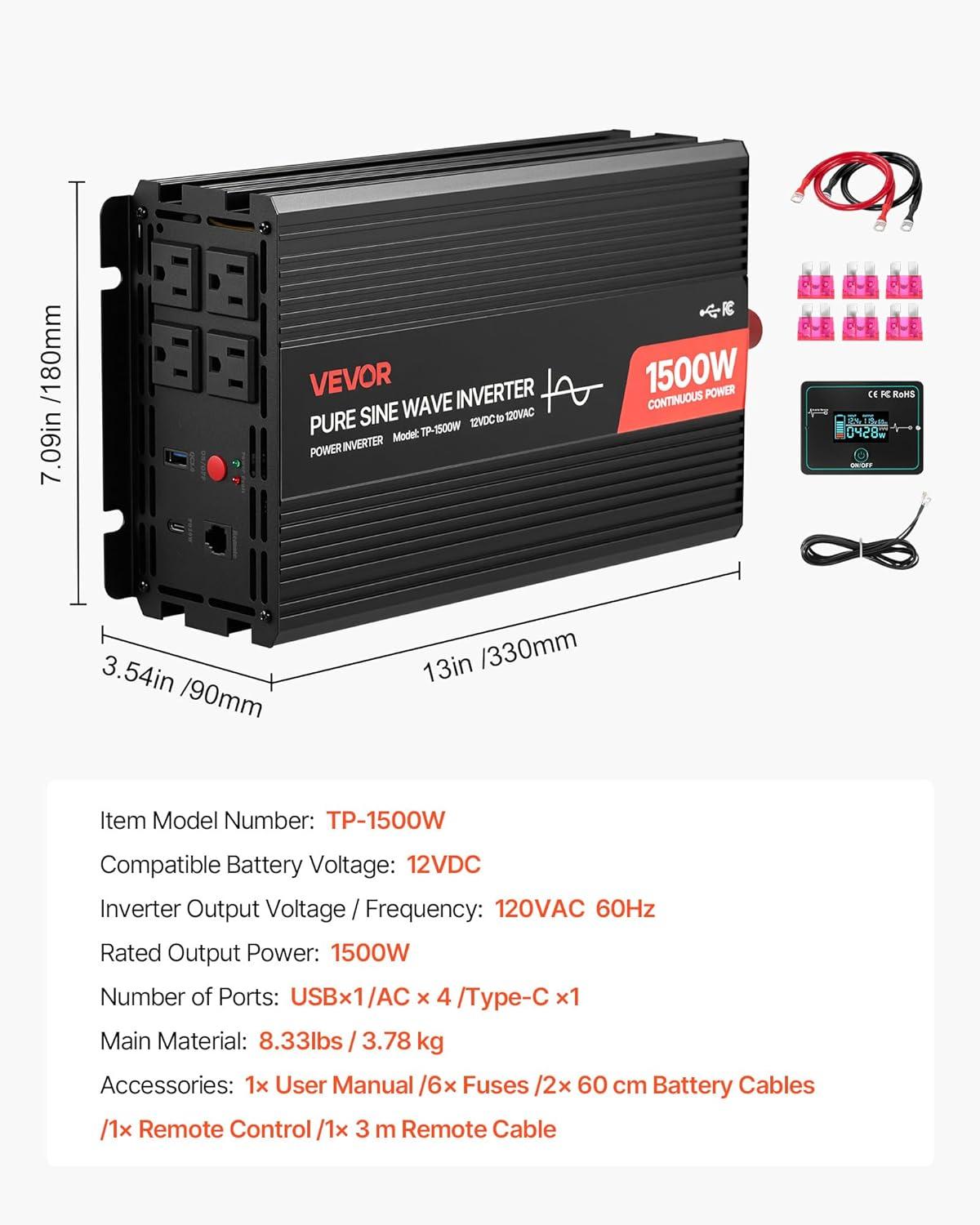 image:imageVEVOR 1000W Pure Sine Wave Inverter DC 12V to AC 120V Power Inverter with 2 AC Outlets 1 USB Port 1 TypeC Port Remote Control for Small Home Devices Like Smartphone Laptop CE FCC Certified1500W
