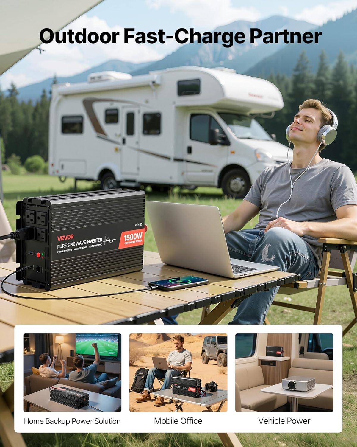 image:imageVEVOR 1000W Pure Sine Wave Inverter DC 12V to AC 120V Power Inverter with 2 AC Outlets 1 USB Port 1 TypeC Port Remote Control for Small Home Devices Like Smartphone Laptop CE FCC Certified1500W