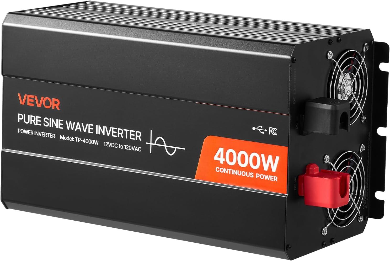 image:imageVEVOR 1000W Pure Sine Wave Inverter DC 12V to AC 120V Power Inverter with 2 AC Outlets 1 USB Port 1 TypeC Port Remote Control for Small Home Devices Like Smartphone Laptop CE FCC Certified4000W