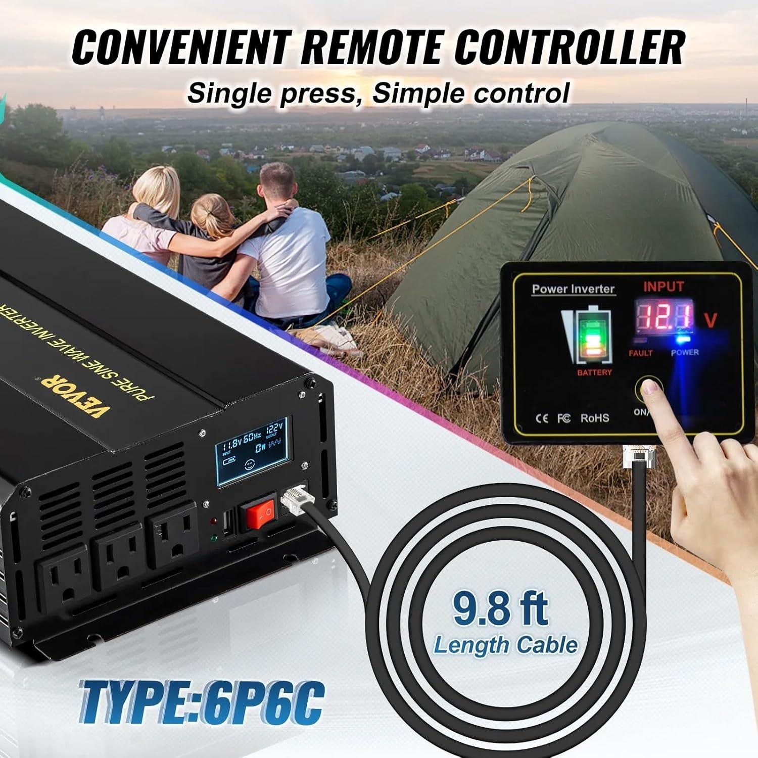 image:imageVEVOR 1000W Pure Sine Wave Inverter DC 12V to AC 120V Power Inverter with 2 AC Outlets 1 USB Port 1 TypeC Port Remote Control for Small Home Devices Like Smartphone Laptop CE FCC Certified2500W
