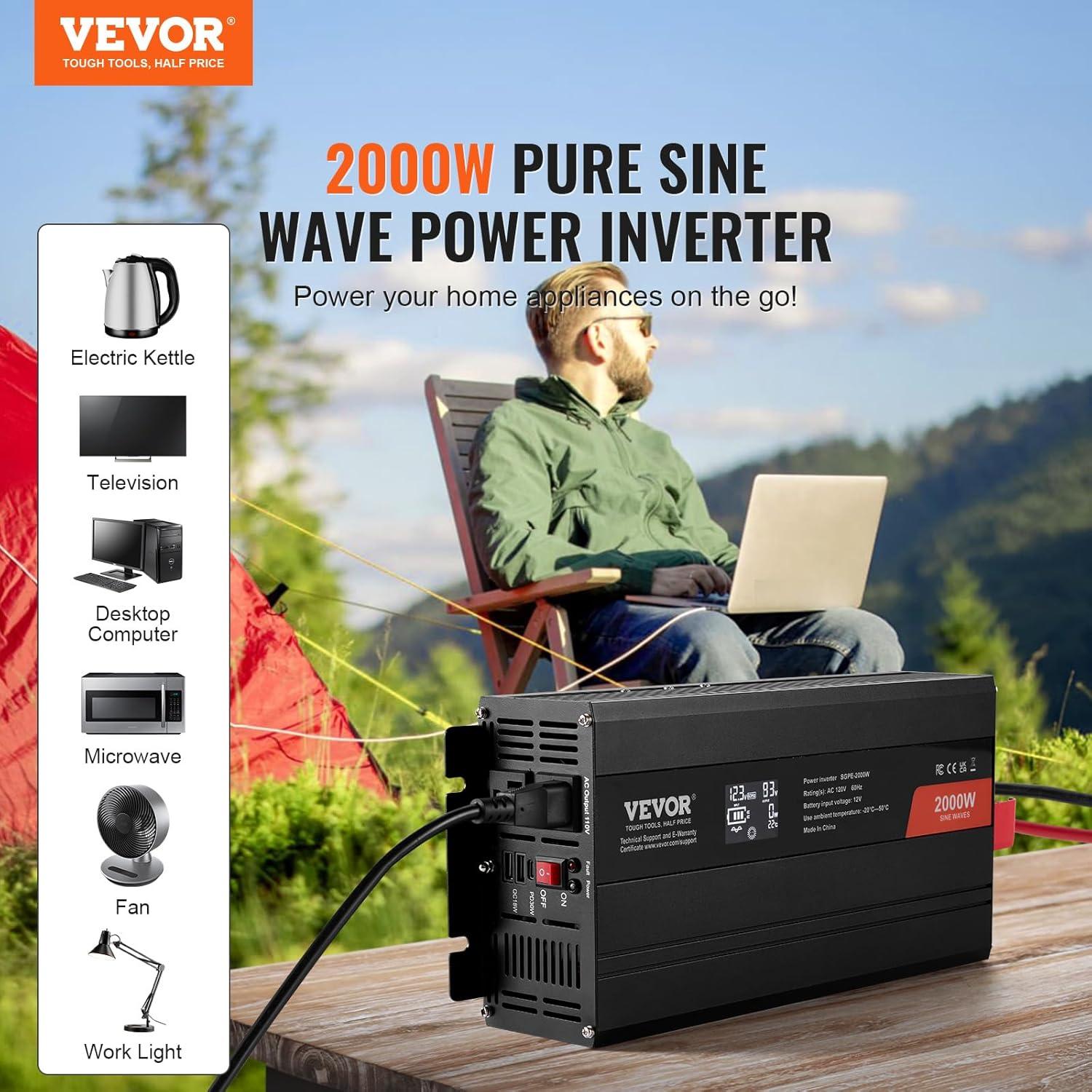 image:imageVEVOR 1000W Pure Sine Wave Inverter DC 12V to AC 120V Power Inverter with 2 AC Outlets 1 USB Port 1 TypeC Port Remote Control for Small Home Devices Like Smartphone Laptop CE FCC Certified2000W