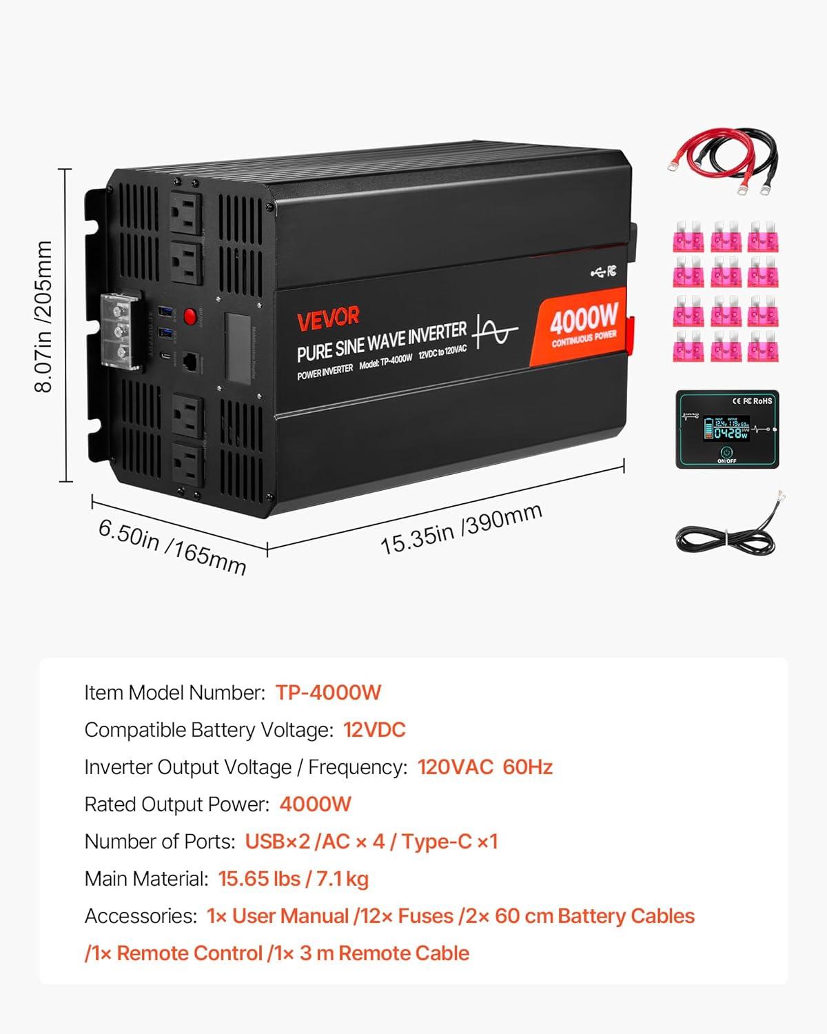 image:imageVEVOR 1000W Pure Sine Wave Inverter DC 12V to AC 120V Power Inverter with 2 AC Outlets 1 USB Port 1 TypeC Port Remote Control for Small Home Devices Like Smartphone Laptop CE FCC Certified4000W