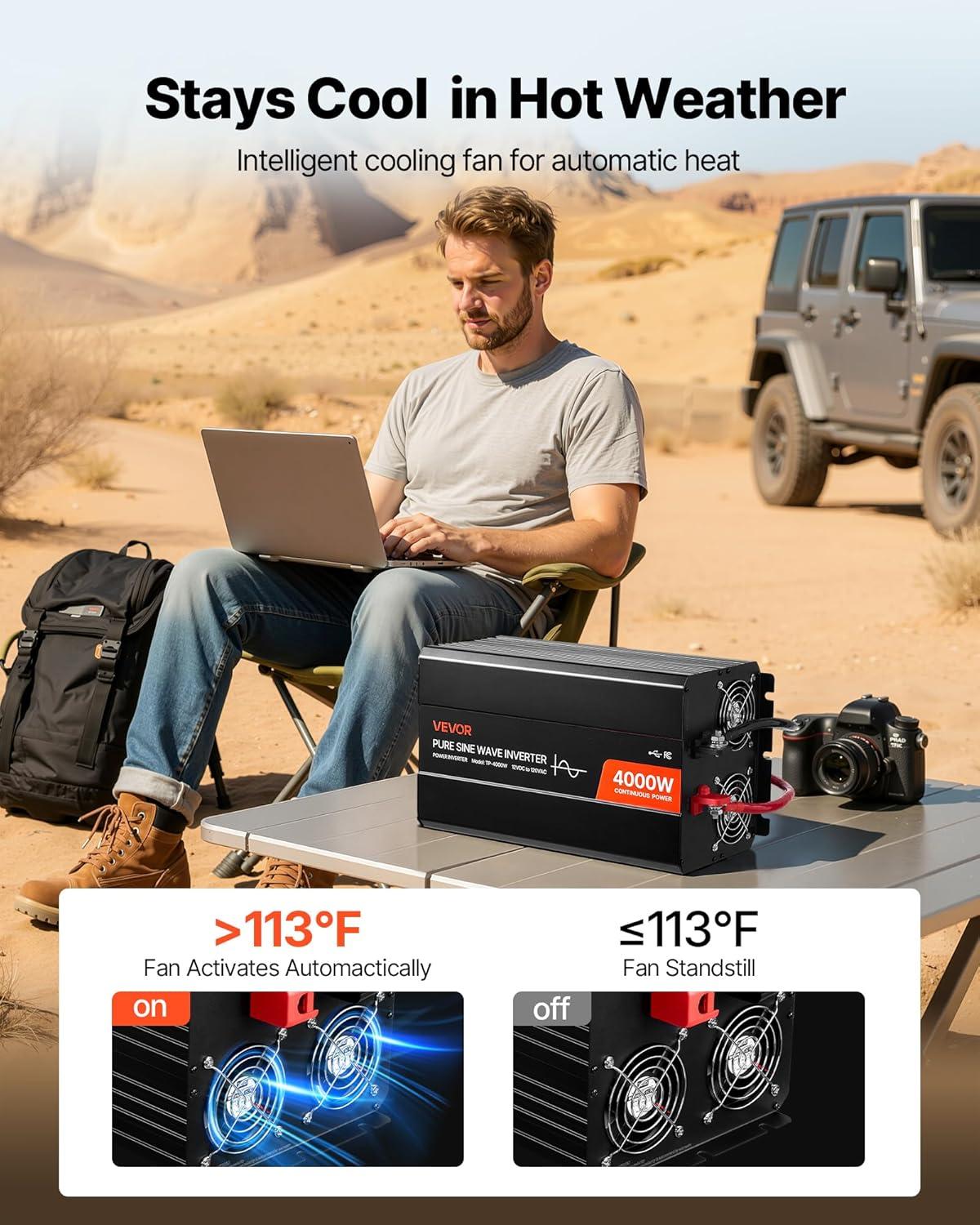 image:imageVEVOR 1000W Pure Sine Wave Inverter DC 12V to AC 120V Power Inverter with 2 AC Outlets 1 USB Port 1 TypeC Port Remote Control for Small Home Devices Like Smartphone Laptop CE FCC Certified4000W