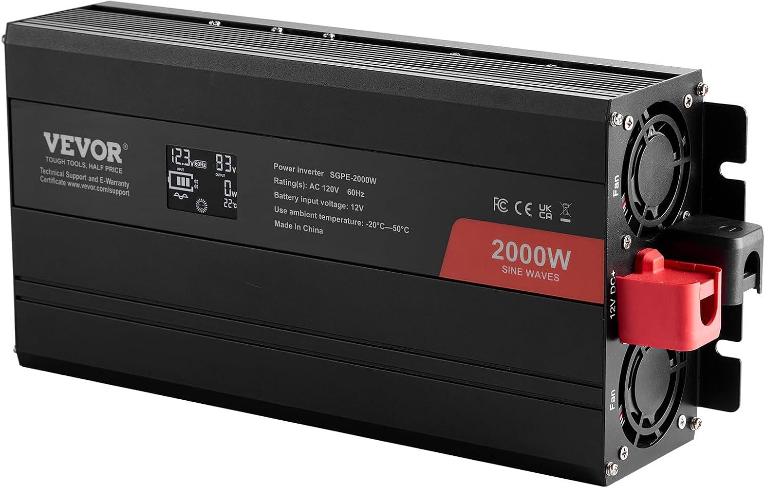 image:imageVEVOR 1000W Pure Sine Wave Inverter DC 12V to AC 120V Power Inverter with 2 AC Outlets 1 USB Port 1 TypeC Port Remote Control for Small Home Devices Like Smartphone Laptop CE FCC Certified2000W