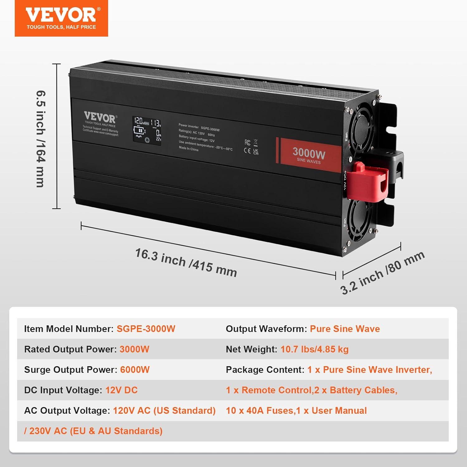 image:imageVEVOR 1000W Pure Sine Wave Inverter DC 12V to AC 120V Power Inverter with 2 AC Outlets 1 USB Port 1 TypeC Port Remote Control for Small Home Devices Like Smartphone Laptop CE FCC Certified3000W