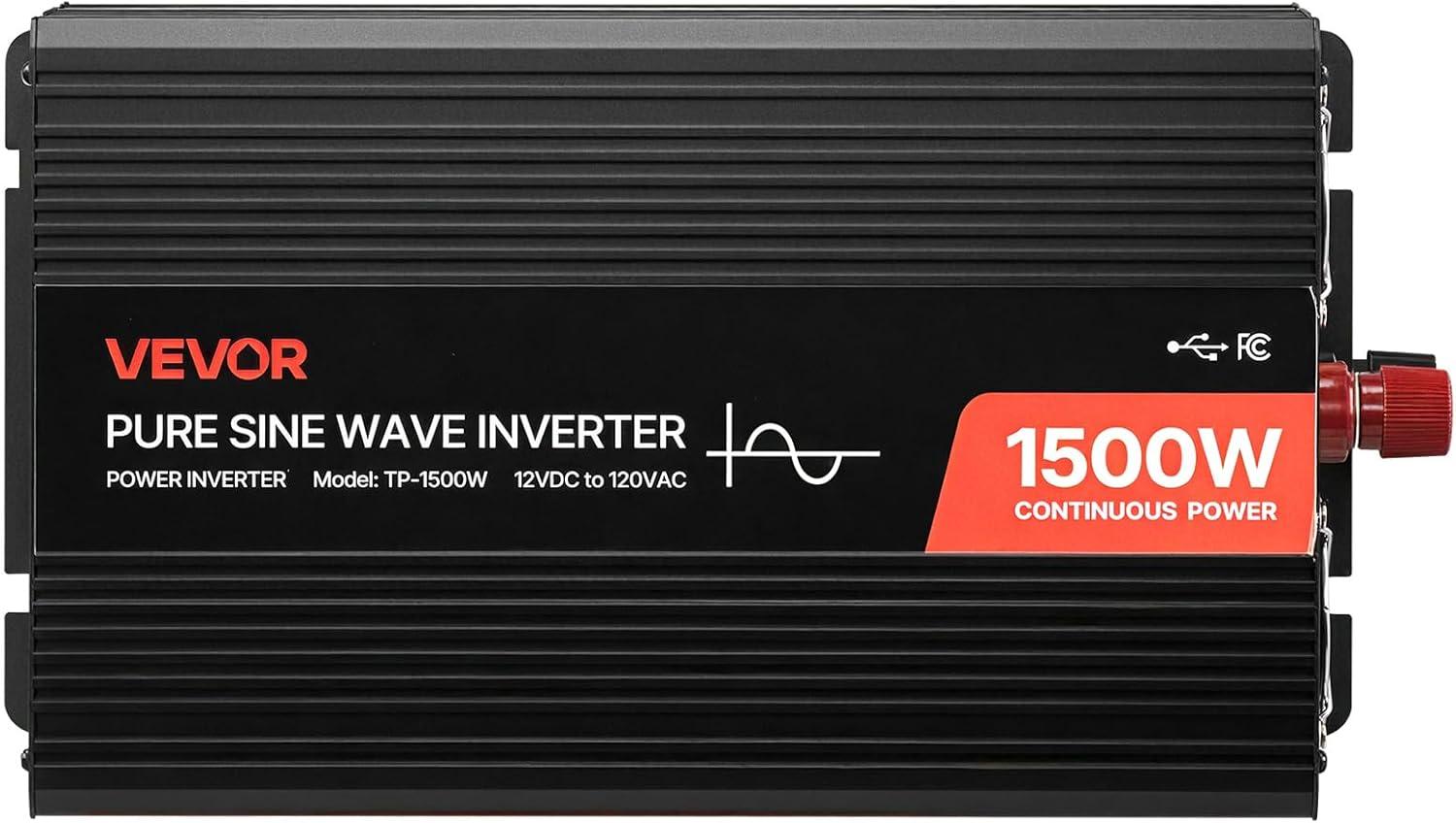 image:imageVEVOR 1000W Pure Sine Wave Inverter DC 12V to AC 120V Power Inverter with 2 AC Outlets 1 USB Port 1 TypeC Port Remote Control for Small Home Devices Like Smartphone Laptop CE FCC Certified1500W