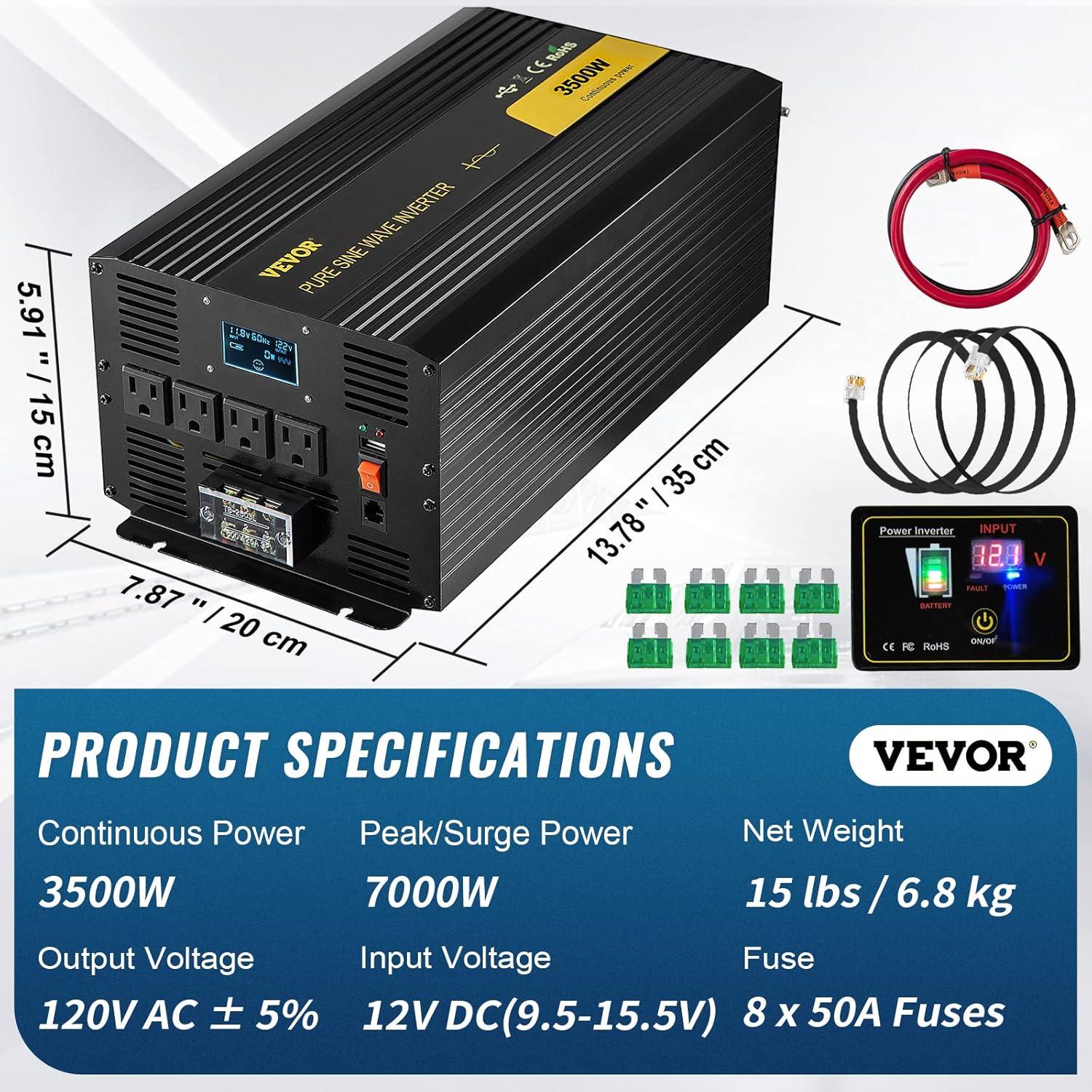 image:imageVEVOR 1000W Pure Sine Wave Inverter DC 12V to AC 120V Power Inverter with 2 AC Outlets 1 USB Port 1 TypeC Port Remote Control for Small Home Devices Like Smartphone Laptop CE FCC Certified3500W