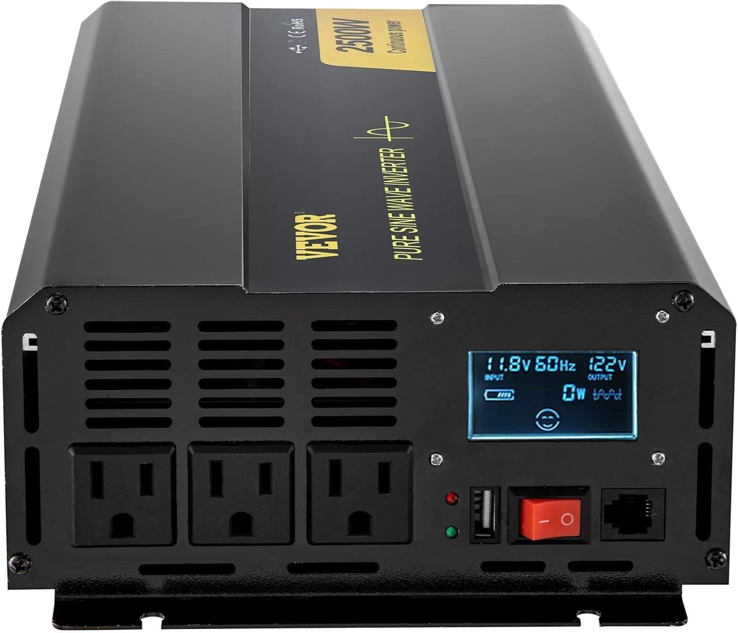 image:imageVEVOR 1000W Pure Sine Wave Inverter DC 12V to AC 120V Power Inverter with 2 AC Outlets 1 USB Port 1 TypeC Port Remote Control for Small Home Devices Like Smartphone Laptop CE FCC Certified2500W
