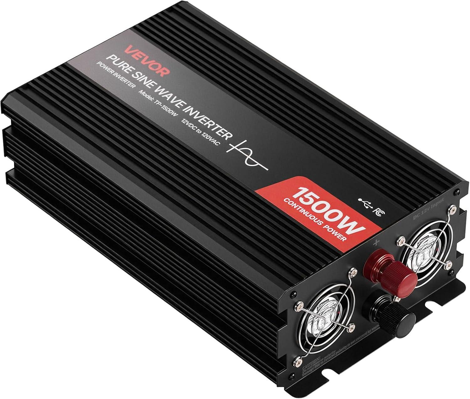 image:imageVEVOR 1000W Pure Sine Wave Inverter DC 12V to AC 120V Power Inverter with 2 AC Outlets 1 USB Port 1 TypeC Port Remote Control for Small Home Devices Like Smartphone Laptop CE FCC Certified1500W