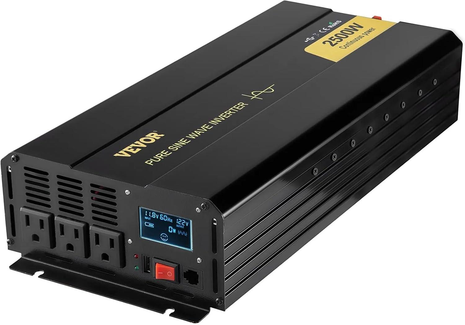 image:imageVEVOR 1000W Pure Sine Wave Inverter DC 12V to AC 120V Power Inverter with 2 AC Outlets 1 USB Port 1 TypeC Port Remote Control for Small Home Devices Like Smartphone Laptop CE FCC Certified2500W