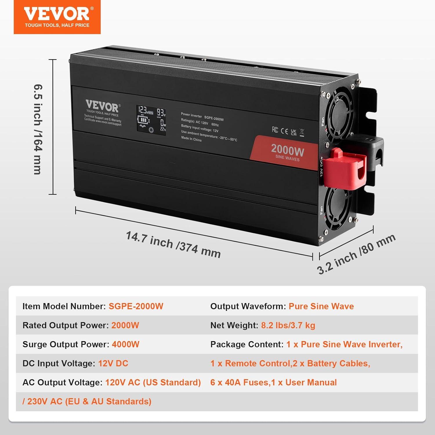 image:imageVEVOR 1000W Pure Sine Wave Inverter DC 12V to AC 120V Power Inverter with 2 AC Outlets 1 USB Port 1 TypeC Port Remote Control for Small Home Devices Like Smartphone Laptop CE FCC Certified2000W