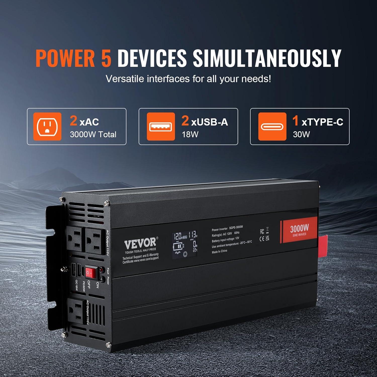 image:imageVEVOR 1000W Pure Sine Wave Inverter DC 12V to AC 120V Power Inverter with 2 AC Outlets 1 USB Port 1 TypeC Port Remote Control for Small Home Devices Like Smartphone Laptop CE FCC Certified3000W