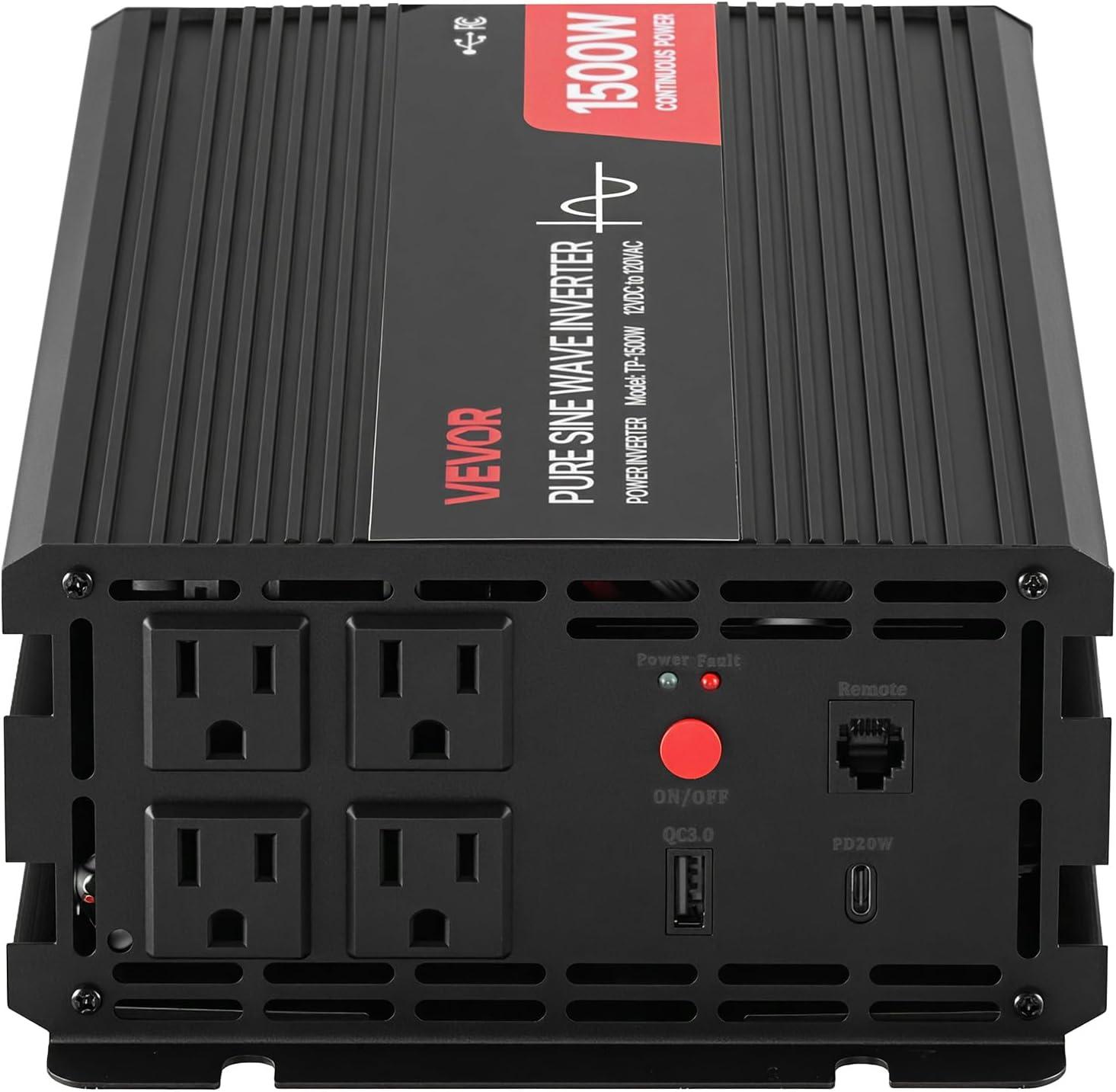 image:imageVEVOR 1000W Pure Sine Wave Inverter DC 12V to AC 120V Power Inverter with 2 AC Outlets 1 USB Port 1 TypeC Port Remote Control for Small Home Devices Like Smartphone Laptop CE FCC Certified1500W