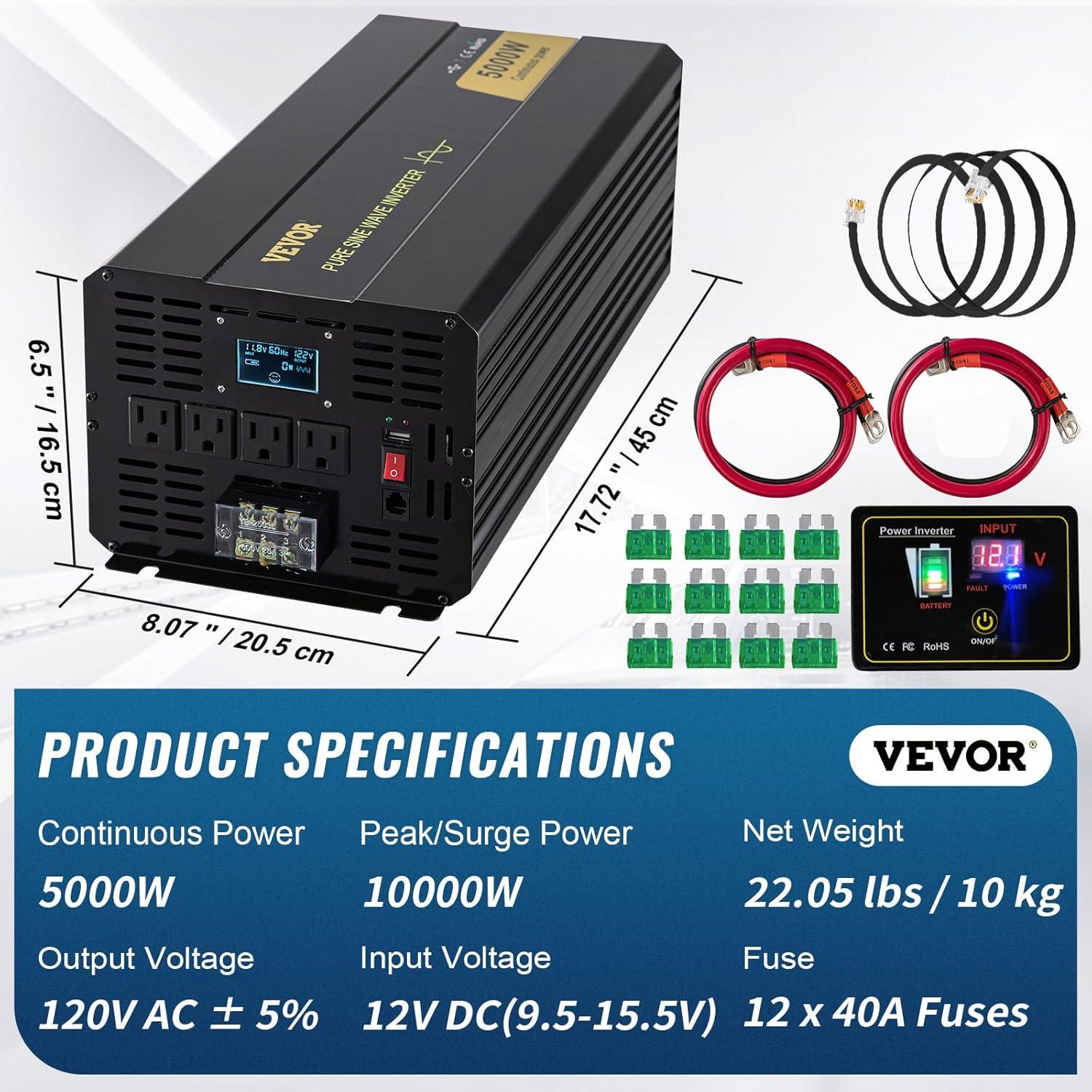 image:imageVEVOR 1000W Pure Sine Wave Inverter DC 12V to AC 120V Power Inverter with 2 AC Outlets 1 USB Port 1 TypeC Port Remote Control for Small Home Devices Like Smartphone Laptop CE FCC Certified5000W