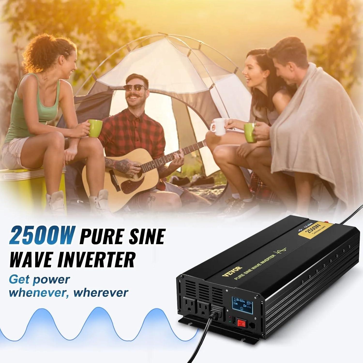 image:imageVEVOR 1000W Pure Sine Wave Inverter DC 12V to AC 120V Power Inverter with 2 AC Outlets 1 USB Port 1 TypeC Port Remote Control for Small Home Devices Like Smartphone Laptop CE FCC Certified2500W