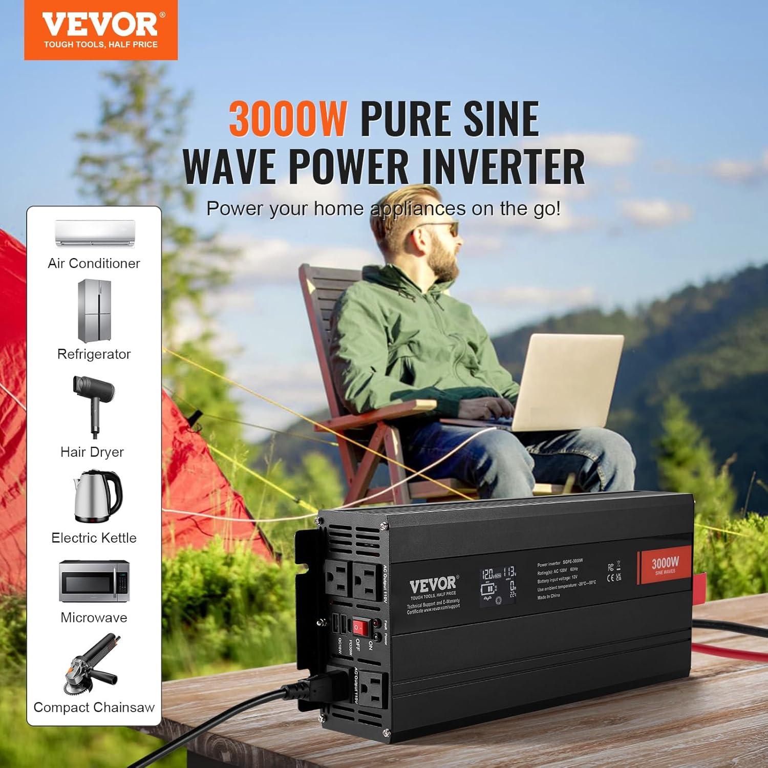 image:imageVEVOR 1000W Pure Sine Wave Inverter DC 12V to AC 120V Power Inverter with 2 AC Outlets 1 USB Port 1 TypeC Port Remote Control for Small Home Devices Like Smartphone Laptop CE FCC Certified3000W