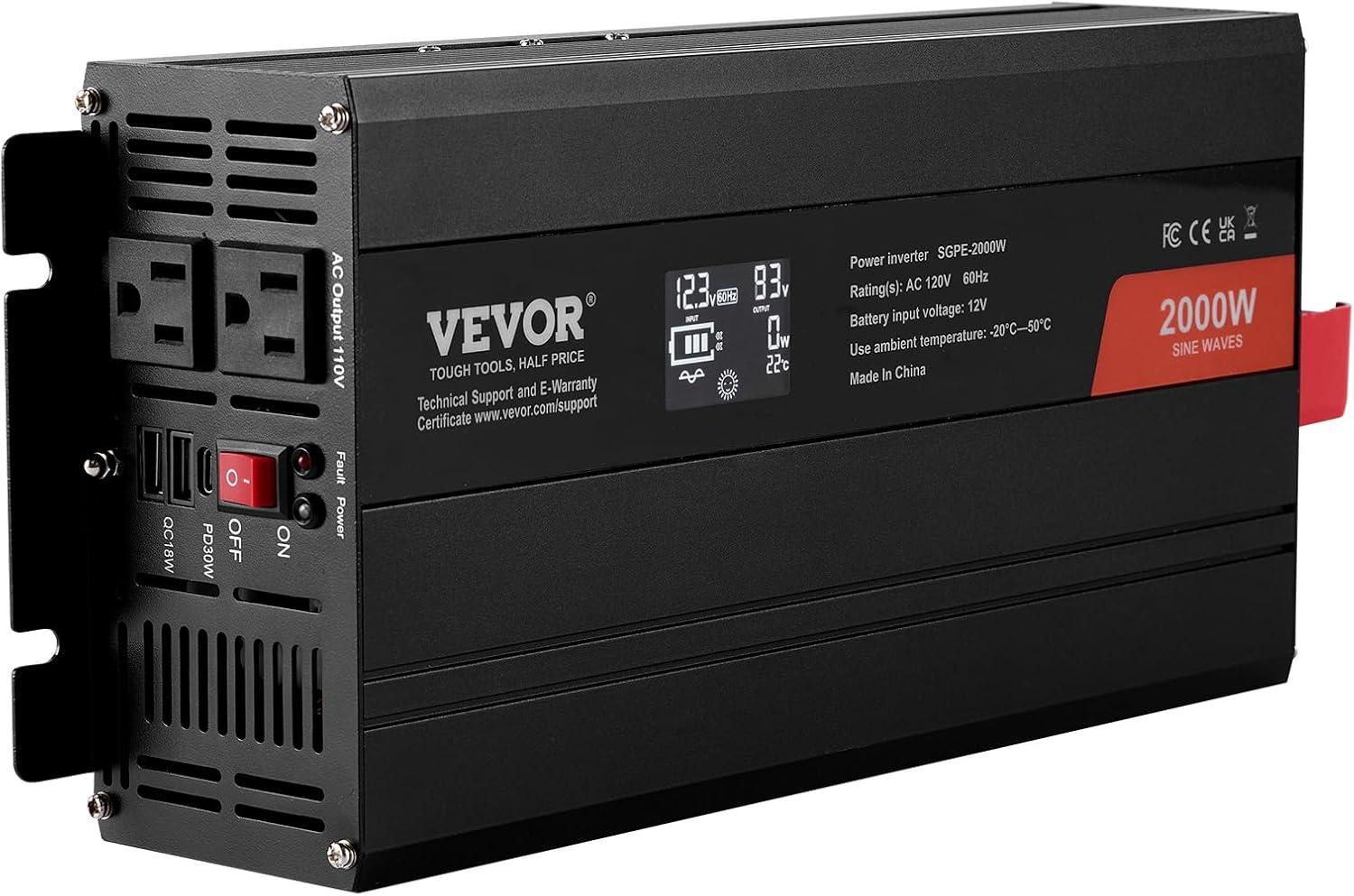 image:imageVEVOR 1000W Pure Sine Wave Inverter DC 12V to AC 120V Power Inverter with 2 AC Outlets 1 USB Port 1 TypeC Port Remote Control for Small Home Devices Like Smartphone Laptop CE FCC Certified2000W