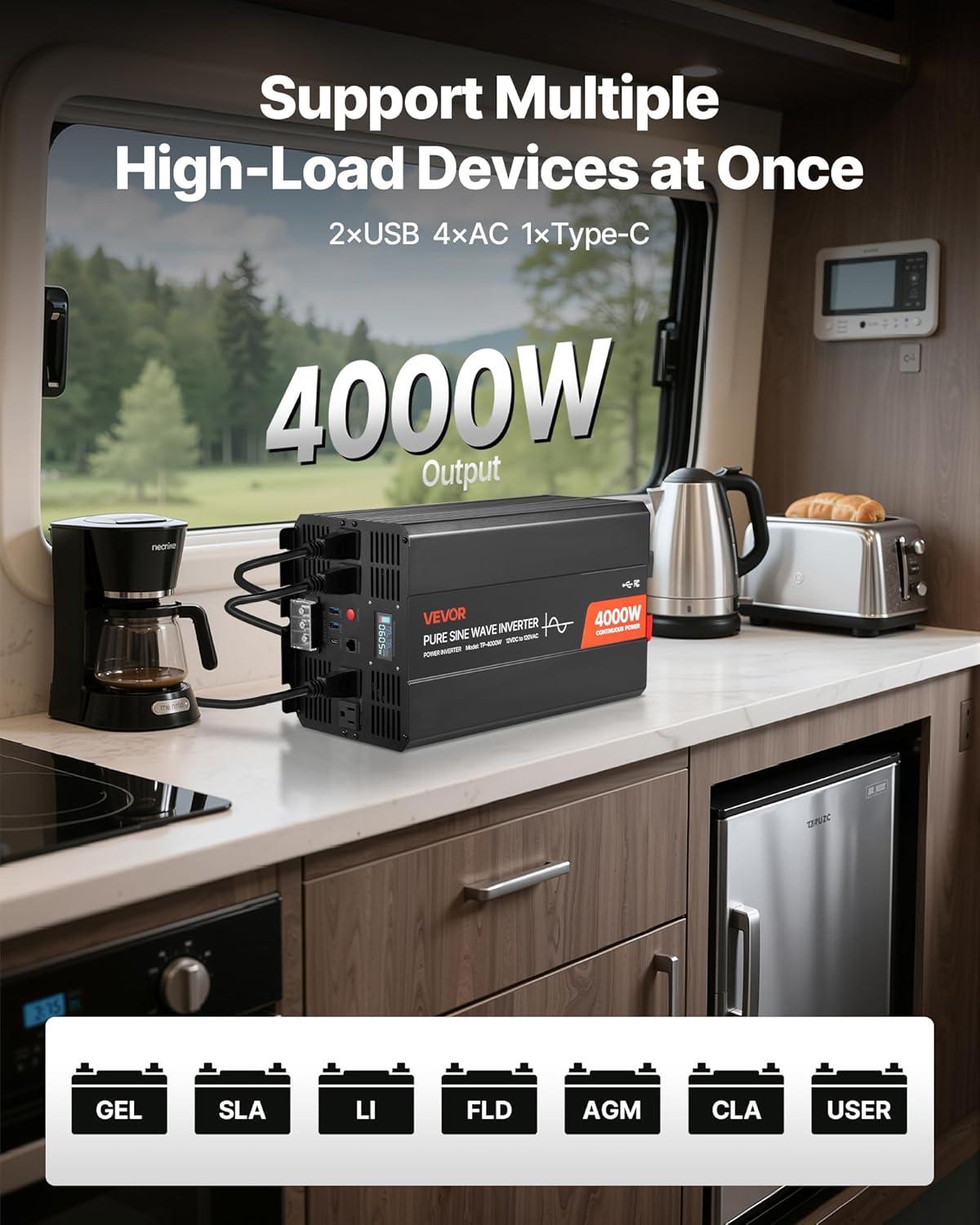image:imageVEVOR 1000W Pure Sine Wave Inverter DC 12V to AC 120V Power Inverter with 2 AC Outlets 1 USB Port 1 TypeC Port Remote Control for Small Home Devices Like Smartphone Laptop CE FCC Certified4000W