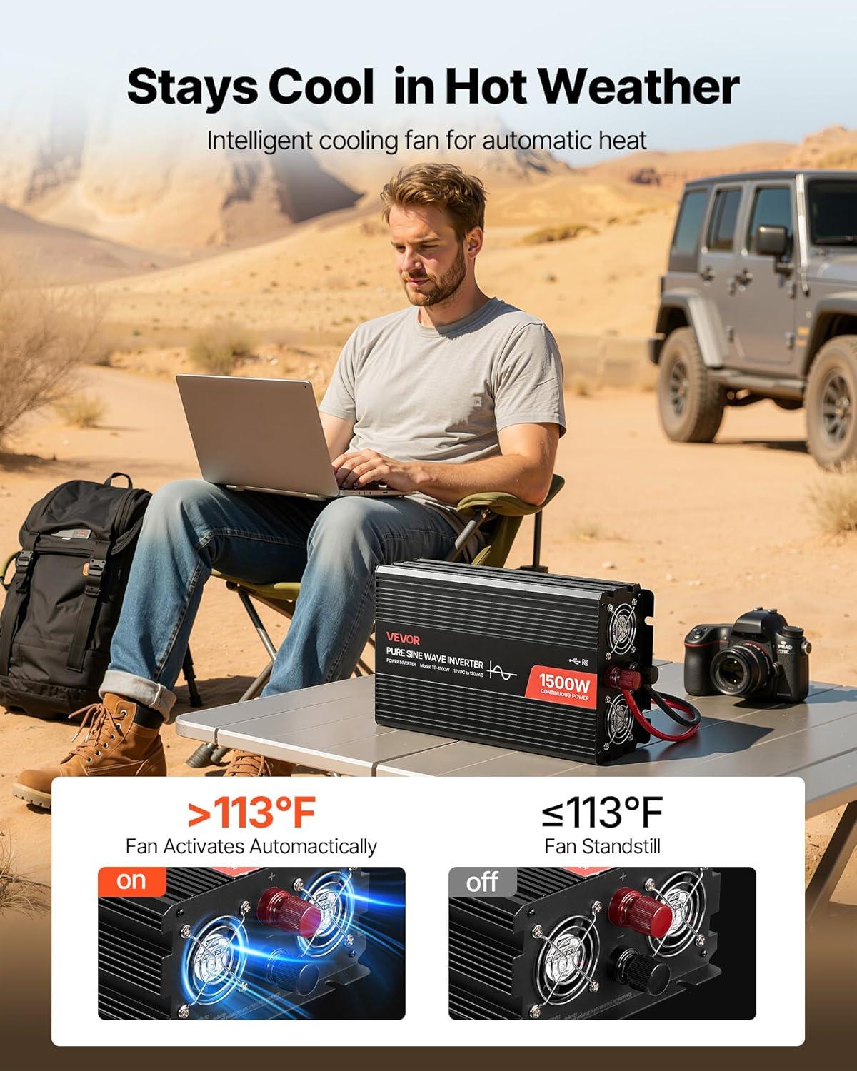 image:imageVEVOR 1000W Pure Sine Wave Inverter DC 12V to AC 120V Power Inverter with 2 AC Outlets 1 USB Port 1 TypeC Port Remote Control for Small Home Devices Like Smartphone Laptop CE FCC Certified1500W