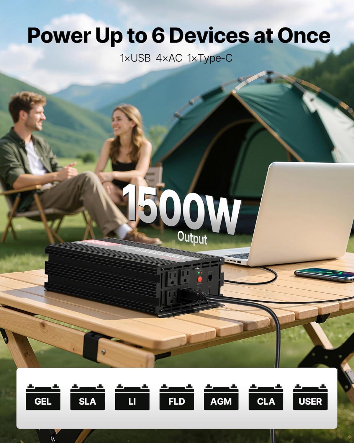 image:imageVEVOR 1000W Pure Sine Wave Inverter DC 12V to AC 120V Power Inverter with 2 AC Outlets 1 USB Port 1 TypeC Port Remote Control for Small Home Devices Like Smartphone Laptop CE FCC Certified1500W