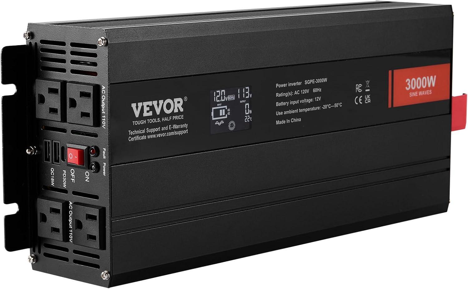 image:imageVEVOR 1000W Pure Sine Wave Inverter DC 12V to AC 120V Power Inverter with 2 AC Outlets 1 USB Port 1 TypeC Port Remote Control for Small Home Devices Like Smartphone Laptop CE FCC Certified3000W