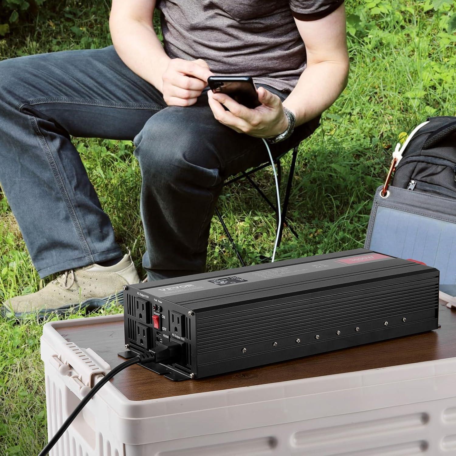image:imageVEVOR 1000W Pure Sine Wave Inverter DC 12V to AC 120V Power Inverter with 2 AC Outlets 1 USB Port 1 TypeC Port Remote Control for Small Home Devices Like Smartphone Laptop CE FCC Certified3000W