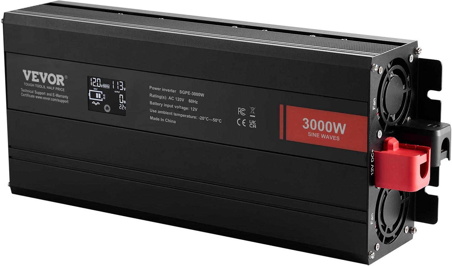 image:imageVEVOR 1000W Pure Sine Wave Inverter DC 12V to AC 120V Power Inverter with 2 AC Outlets 1 USB Port 1 TypeC Port Remote Control for Small Home Devices Like Smartphone Laptop CE FCC Certified3000W