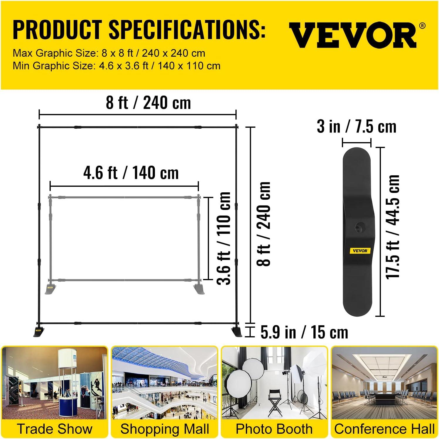 image:imageVEVOR 10ft x10ft Pipe and Drape Kit Heavy Duty Backdrop Stand with Carbon Steel Base Adjustable Backdrop Support with 2 Clamps and A Carry Bag for Wedding Party Event Photography and Exhibition8 x 8 ft