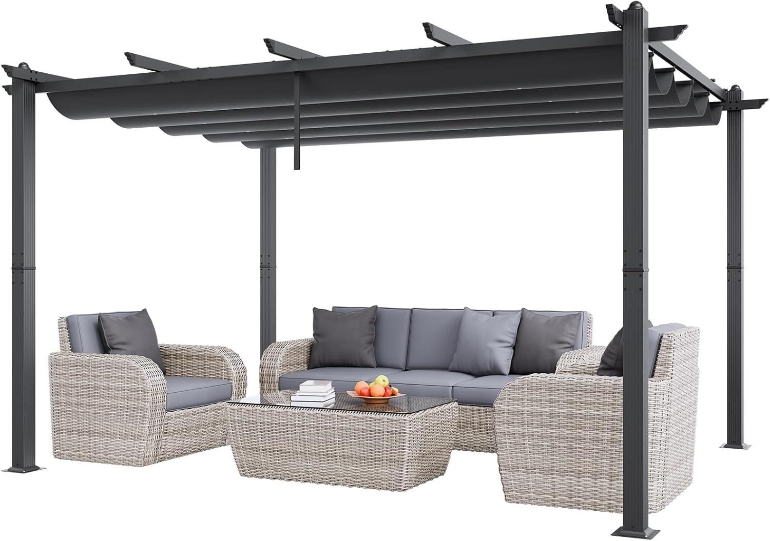 image:imageVEVOR 10x10 Outdoor Retractable Pergola with Canopy Aluminum Pergola with Retractable Canopy Modern Style Sun Shade for Patios Gardens Decks Backyards GrayGray
