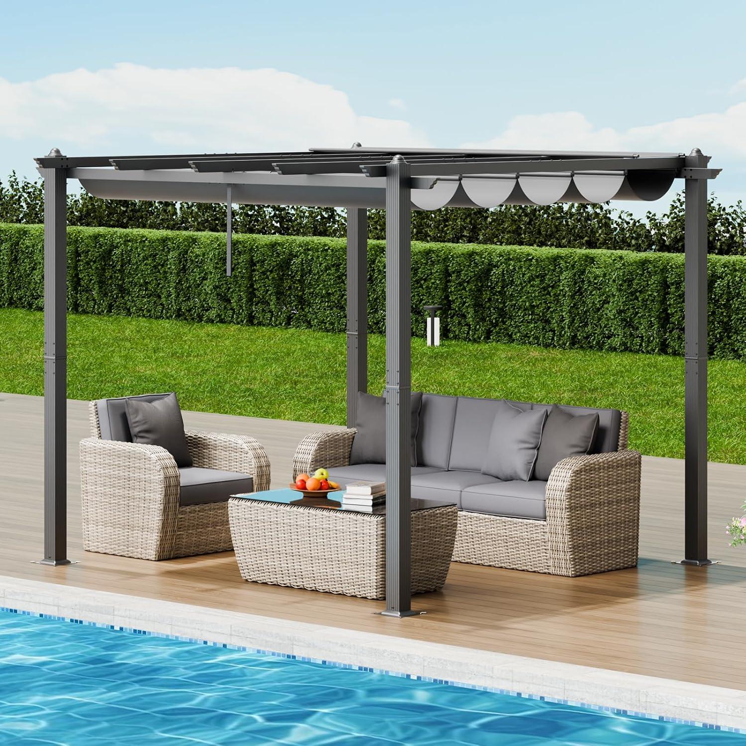 image:imageVEVOR 10x10 Outdoor Retractable Pergola with Canopy Aluminum Pergola with Retractable Canopy Modern Style Sun Shade for Patios Gardens Decks Backyards GrayGray