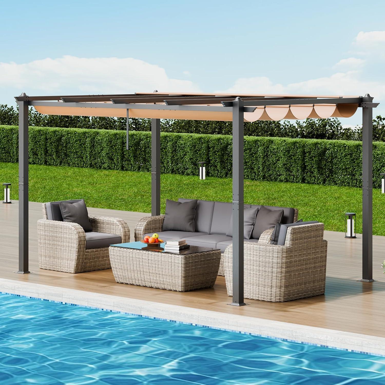 image:imageVEVOR 10x10 Outdoor Retractable Pergola with Canopy Aluminum Pergola with Retractable Canopy Modern Style Sun Shade for Patios Gardens Decks Backyards GrayBeige