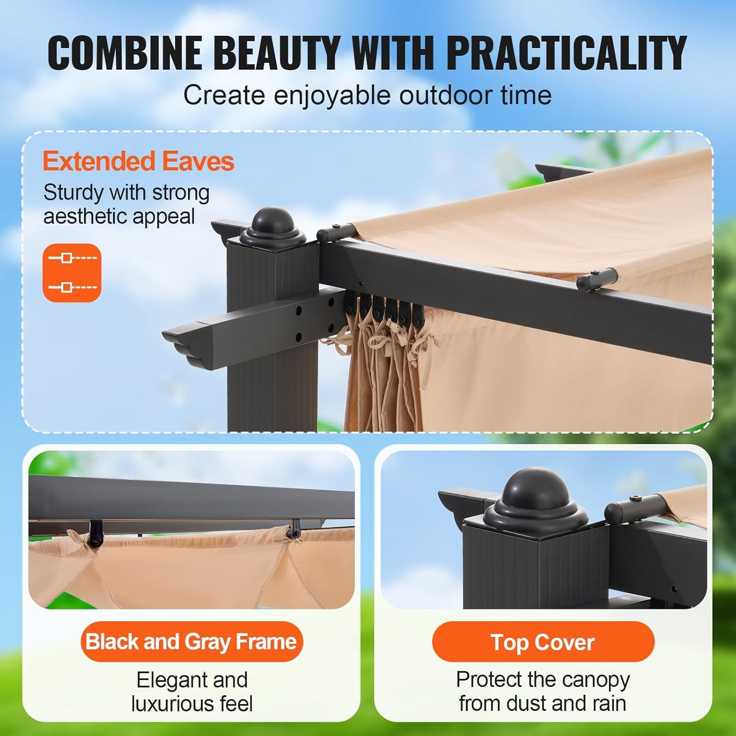 image:imageVEVOR 10x10 Outdoor Retractable Pergola with Canopy Aluminum Pergola with Retractable Canopy Modern Style Sun Shade for Patios Gardens Decks Backyards BeigeBeige