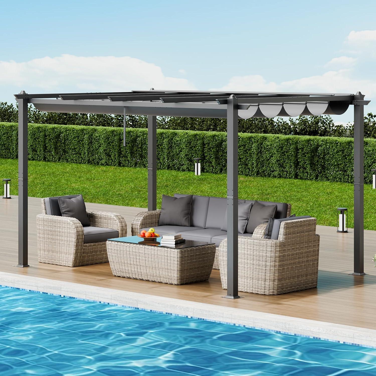 image:imageVEVOR 10x10 Outdoor Retractable Pergola with Canopy Aluminum Pergola with Retractable Canopy Modern Style Sun Shade for Patios Gardens Decks Backyards BeigeGray