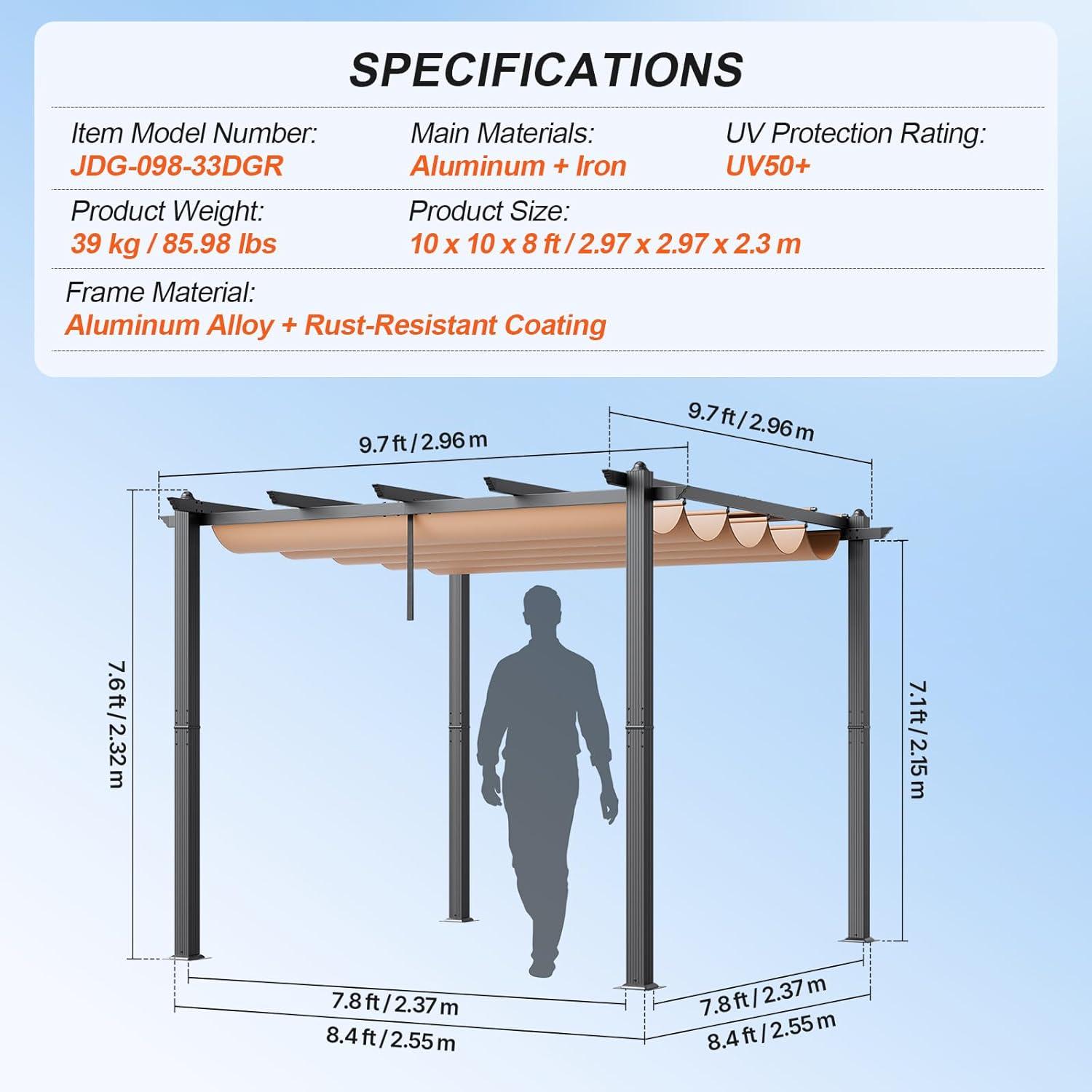 image:imageVEVOR 10x10 Outdoor Retractable Pergola with Canopy Aluminum Pergola with Retractable Canopy Modern Style Sun Shade for Patios Gardens Decks Backyards GrayBeige