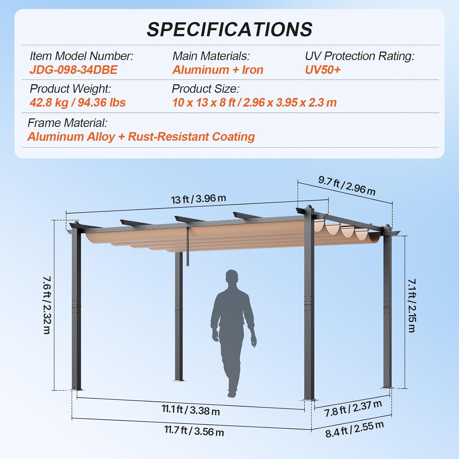 image:imageVEVOR 10x10 Outdoor Retractable Pergola with Canopy Aluminum Pergola with Retractable Canopy Modern Style Sun Shade for Patios Gardens Decks Backyards GrayBeige