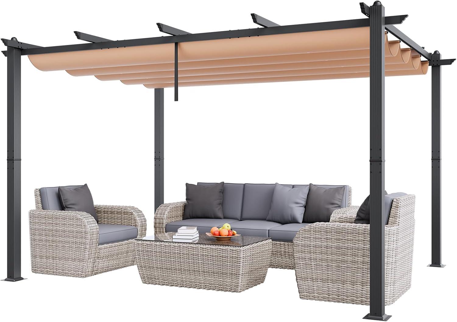 image:imageVEVOR 10x10 Outdoor Retractable Pergola with Canopy Aluminum Pergola with Retractable Canopy Modern Style Sun Shade for Patios Gardens Decks Backyards GrayBeige