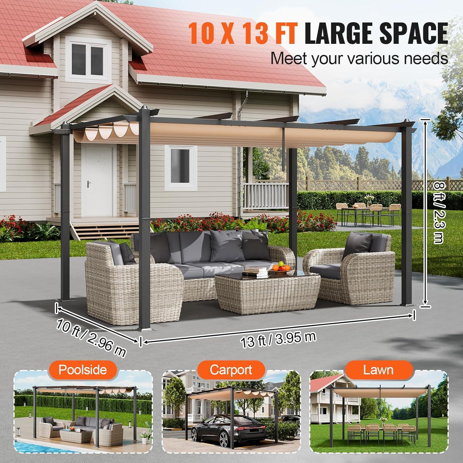 image:imageVEVOR 10x10 Outdoor Retractable Pergola with Canopy Aluminum Pergola with Retractable Canopy Modern Style Sun Shade for Patios Gardens Decks Backyards BeigeBeige