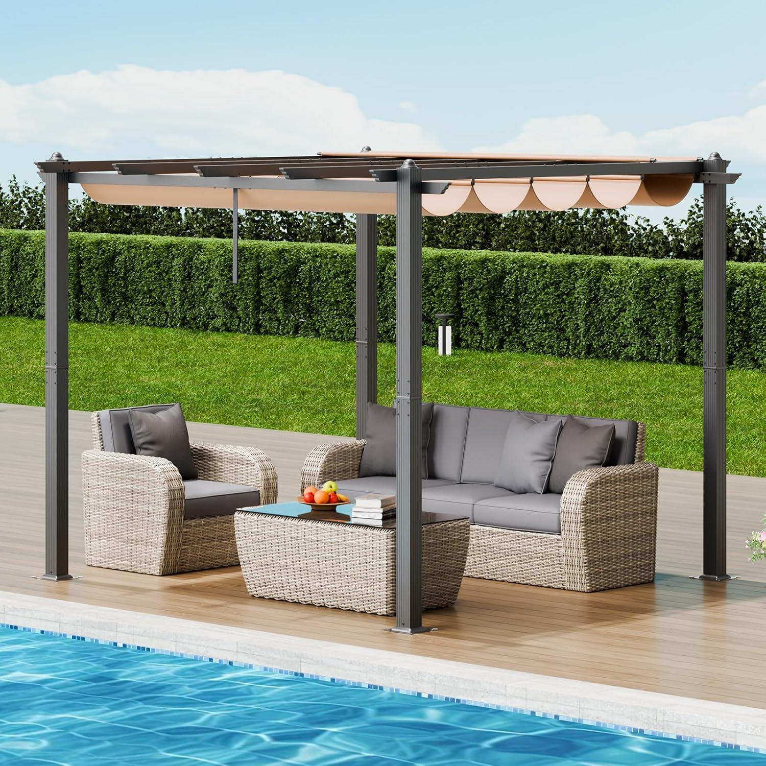 image:imageVEVOR 10x10 Outdoor Retractable Pergola with Canopy Aluminum Pergola with Retractable Canopy Modern Style Sun Shade for Patios Gardens Decks Backyards GrayBeige