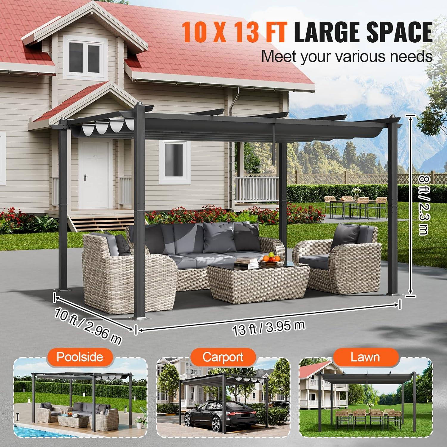 image:imageVEVOR 10x10 Outdoor Retractable Pergola with Canopy Aluminum Pergola with Retractable Canopy Modern Style Sun Shade for Patios Gardens Decks Backyards GrayGray