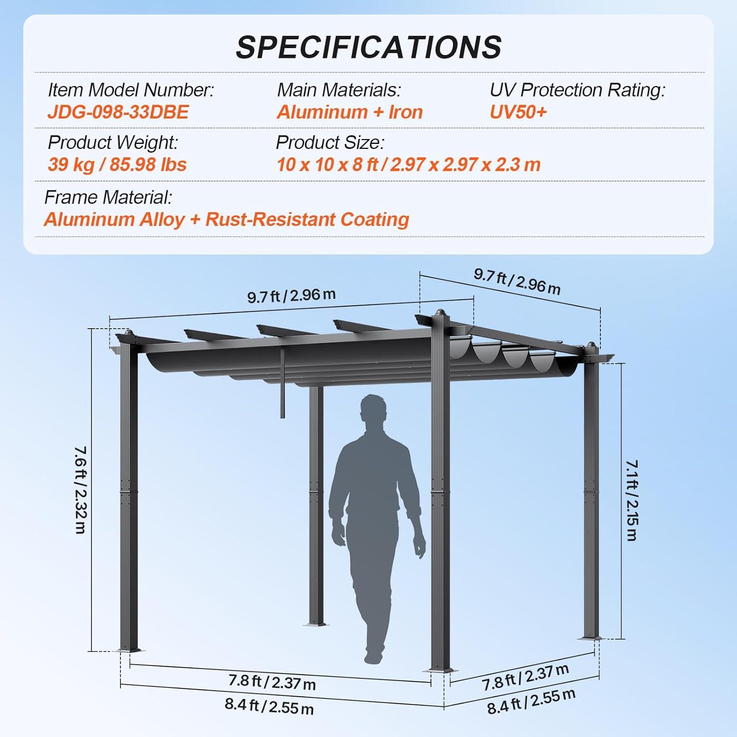 image:imageVEVOR 10x10 Outdoor Retractable Pergola with Canopy Aluminum Pergola with Retractable Canopy Modern Style Sun Shade for Patios Gardens Decks Backyards BeigeGray