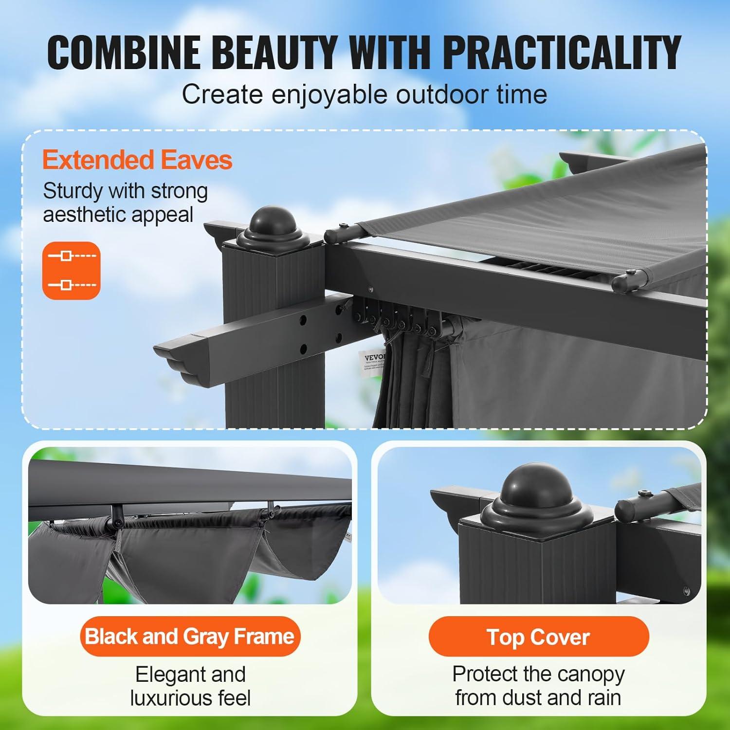 image:imageVEVOR 10x10 Outdoor Retractable Pergola with Canopy Aluminum Pergola with Retractable Canopy Modern Style Sun Shade for Patios Gardens Decks Backyards BeigeGray