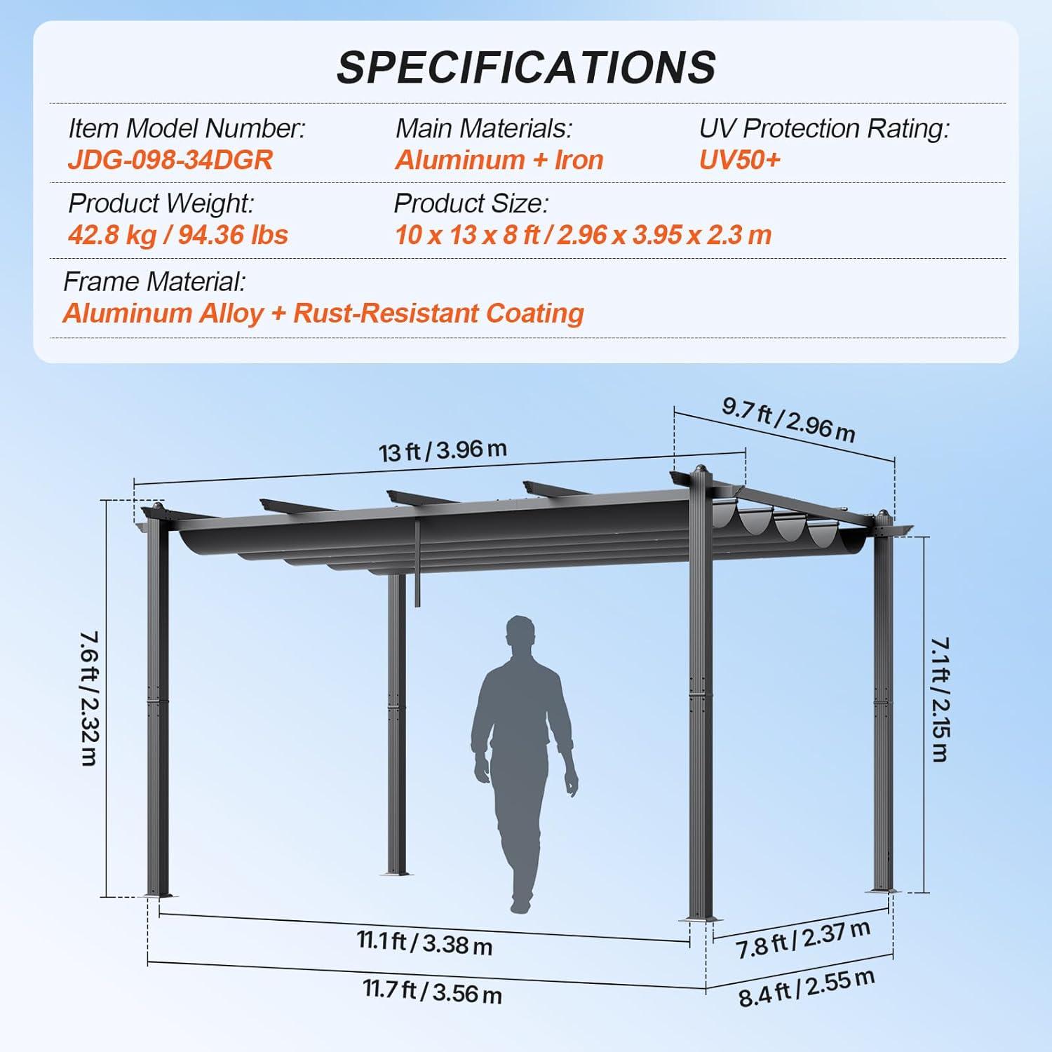 image:imageVEVOR 10x10 Outdoor Retractable Pergola with Canopy Aluminum Pergola with Retractable Canopy Modern Style Sun Shade for Patios Gardens Decks Backyards BeigeGray