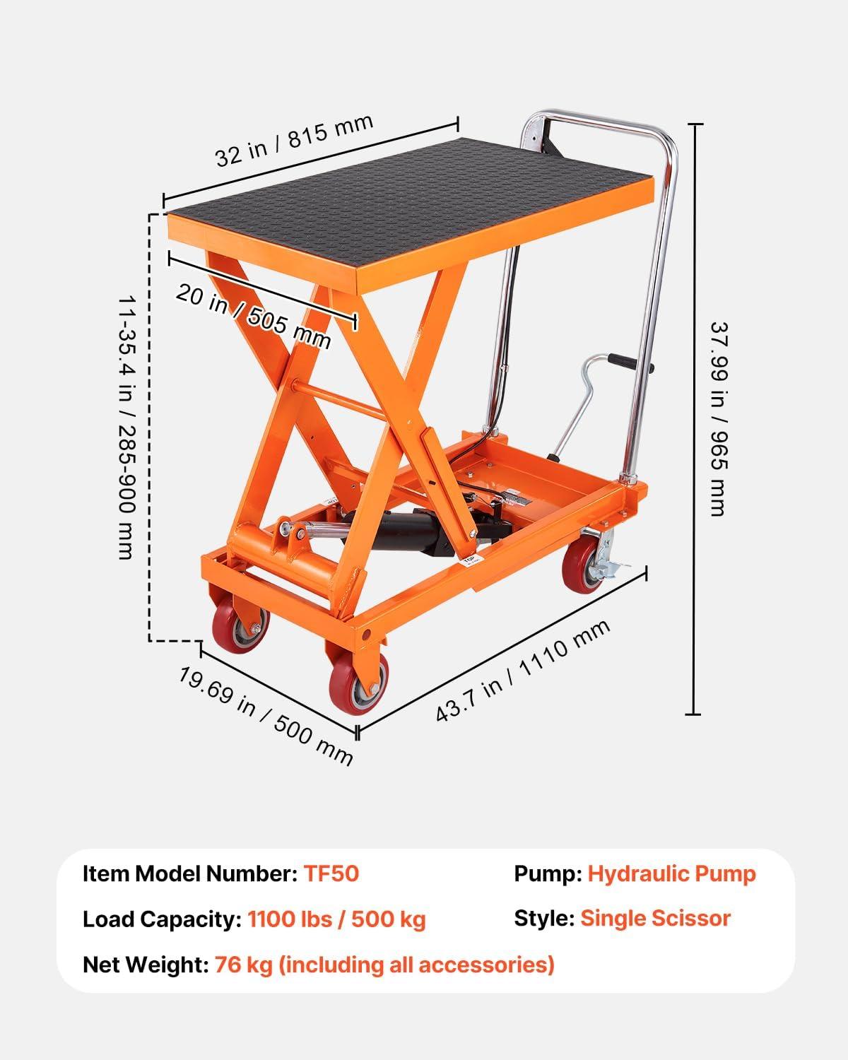 image:imageVEVOR 1100 LBS Hydraulic Lift Table Cart with 11354 Lift Range Hydraulic Scissor Cart with NonSlip Pad amp 4 Wheels Manual Single Scissor Lift for Material Handling and Transportation