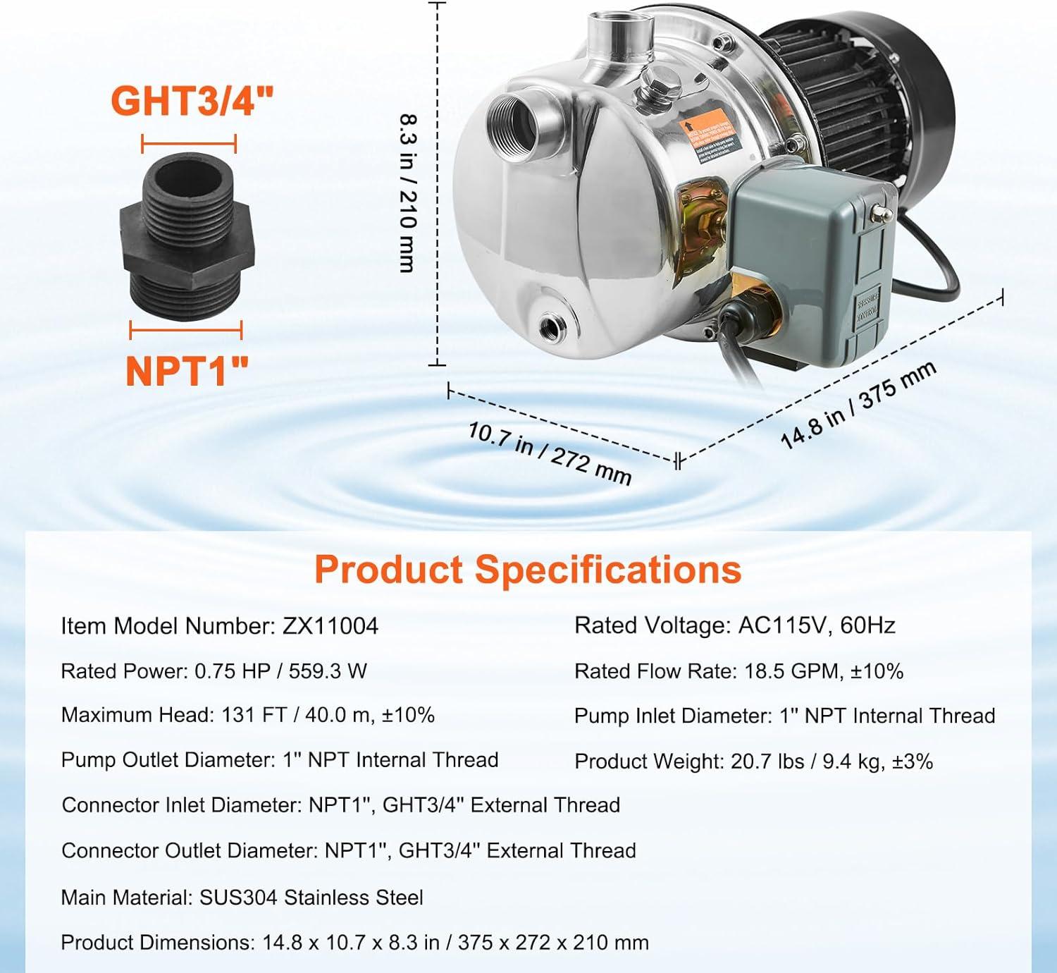 image:imageVEVOR 115 Volt Shallow Well Jet Pump 1 HP 176 GPM Heavyduty Cast Iron Irrigation Water Pump 164 ft Max Head 2040 PSI IPX4 Waterproof for Garden Lawn amp Field Irrigation HighRise Water Supply34HP SUS304