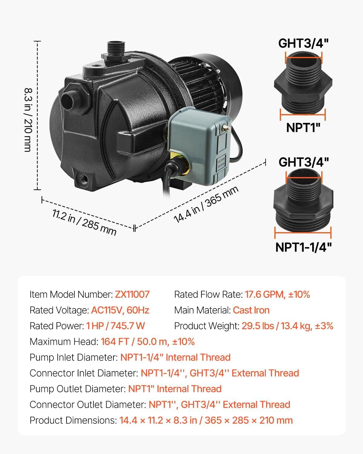 image:imageVEVOR 115 Volt Shallow Well Jet Pump 1 HP 176 GPM Heavyduty Cast Iron Irrigation Water Pump 164 ft Max Head 2040 PSI IPX4 Waterproof for Garden Lawn amp Field Irrigation HighRise Water Supply1HP Cast Iron