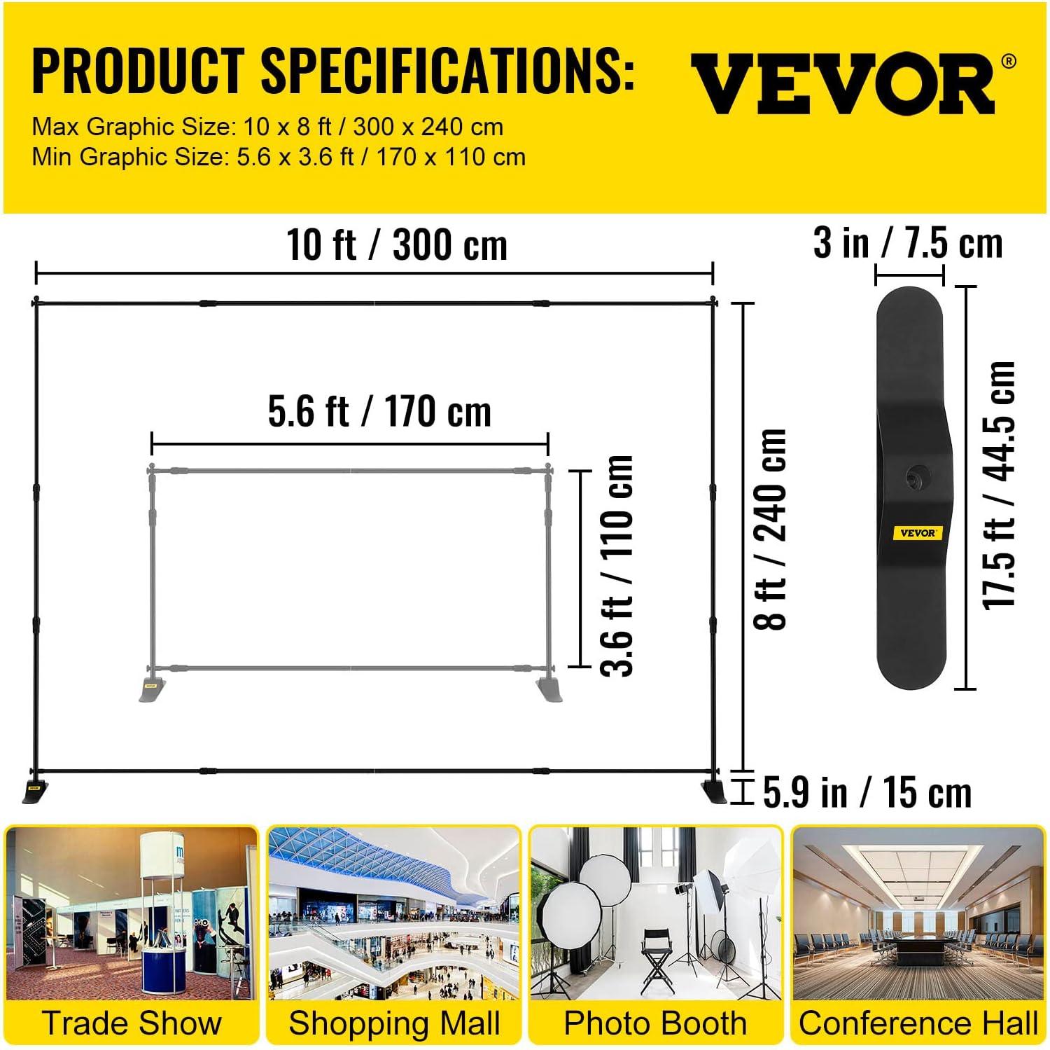 image:imageVEVOR 115 x 96 ft Heavy Duty Backdrop Stand Height Adjustable Photography Backdrop Stand Background Support System with 6 Clamps and A Carry Bag for Party Wedding Display Photo10 x 8 Ft