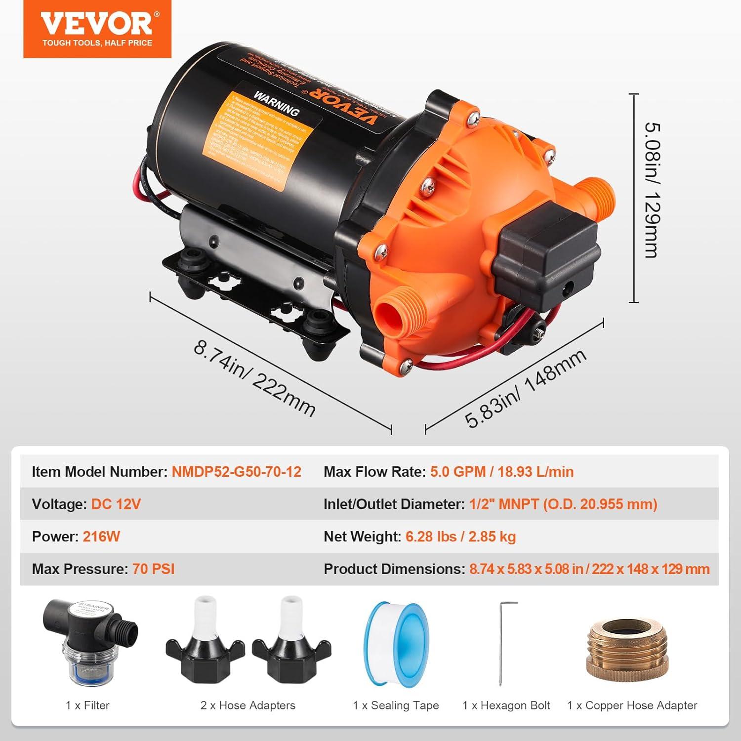 image:imageVEVOR 12V Diaphragm Pump 18 GPM 681 Lmin 3Chamber 12 Volt DC Water Pump with Automatic Pressure Switch 40100 PSI Adjustable 60 PSI 12 MNPT Port for RV Yacht Food Truck Camper Marine12V 50GPM 70PSIAdjustable